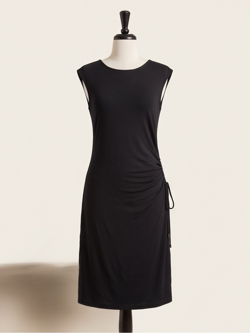 LOFT Black Cap-Sleeve Midi Dress with Side Ruched Tie